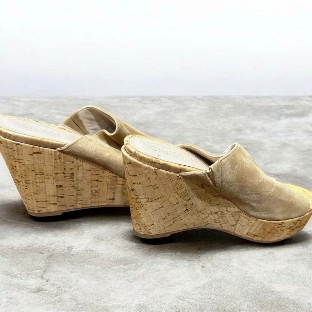 Stuart Weitzman Beige Suede Fold-Over Open-Toe Wedge Slides - Picture 2 of 6